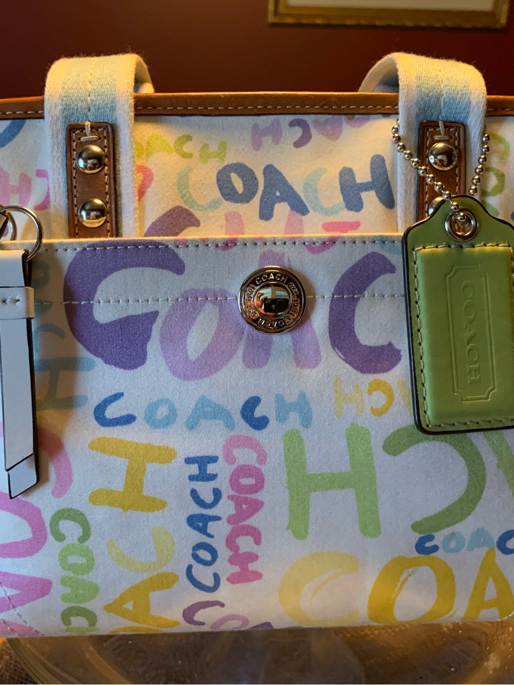 Coach Multicolor Graffiti Canvas Tote with snap sides and Light Blue Straps - Picture 4 of 8